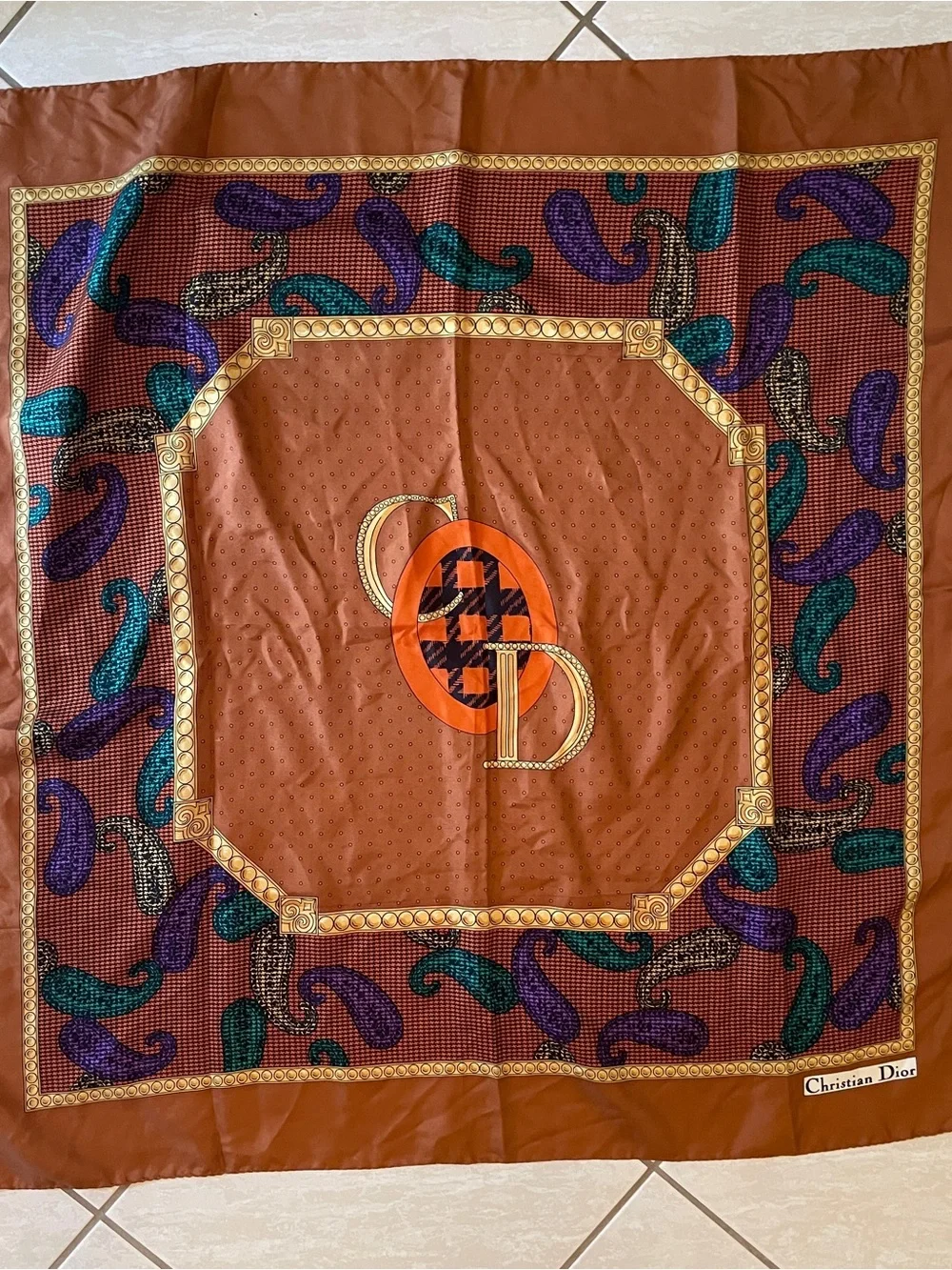 Dior Brown Orange Purple Teal Paisley Logo Silk Scarf